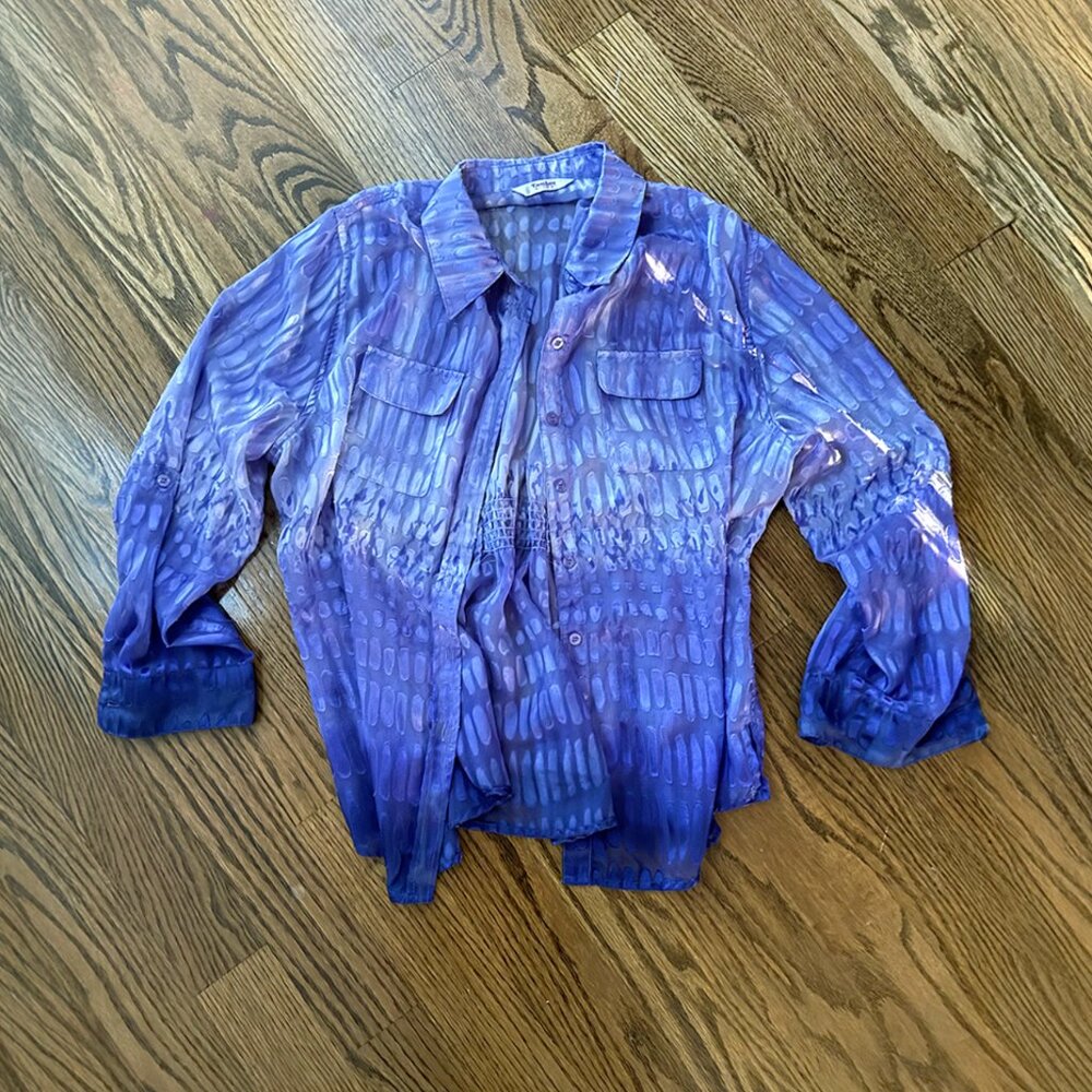 Vintage Sheer Purple Button-Up Blouse – Ombre Print Long Sleeve Top